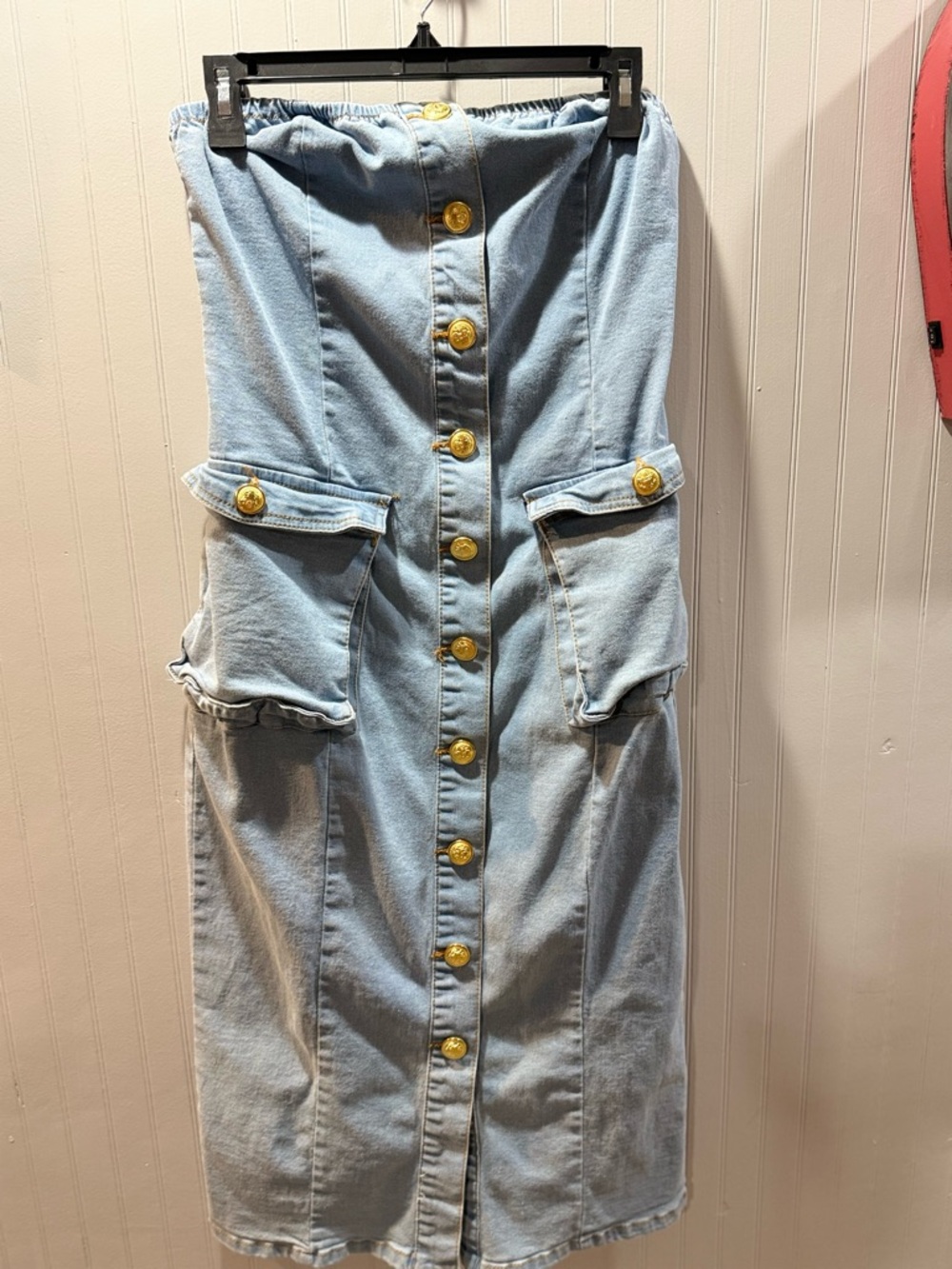 Daisy Light Blue Denim Strapless Dress with Gold Buttons